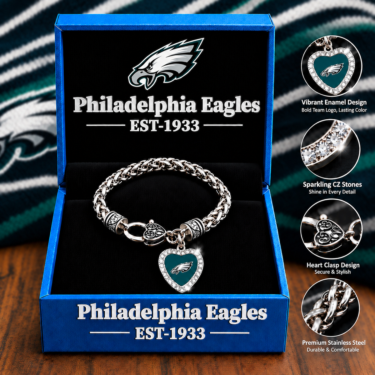🏈 NFL 32-Team Heart-Charm Chunky Twisted Chain Bracelet 💖📿